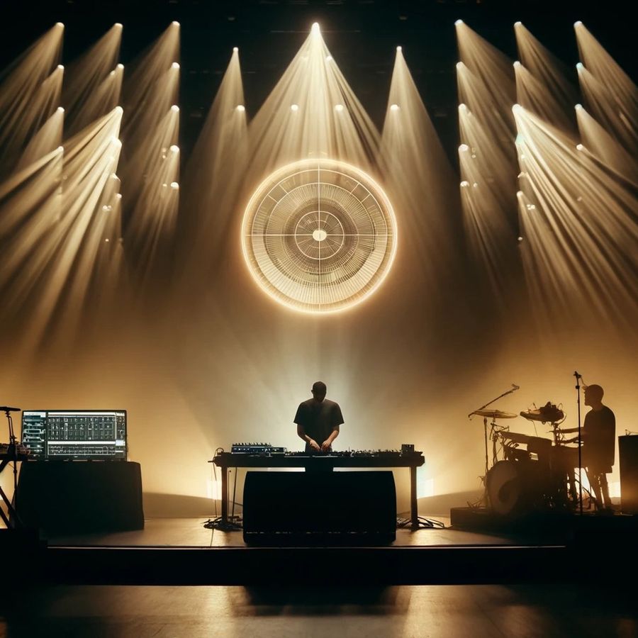Goldenhour artwork: a performer at a console beneath stage lights